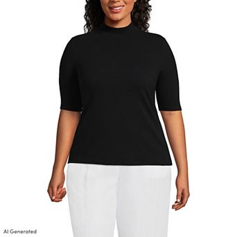 Women's Lands' End Elbow Sleeve Polished Ribbed Mock Neck Top