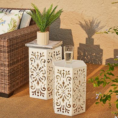 Glitzhome Outdoor Side Tables Set Of 2 Decorative Garden Stools