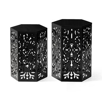 Glitzhome Outdoor Side Tables Set Of 2 Decorative Garden Stools