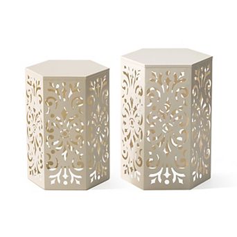 Glitzhome Outdoor Side Tables Set Of 2 Decorative Garden Stools