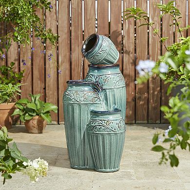 Glitzhome Outdoor 4-Tier Embossed Ceramic Pots Floor Fountain with LED Lights