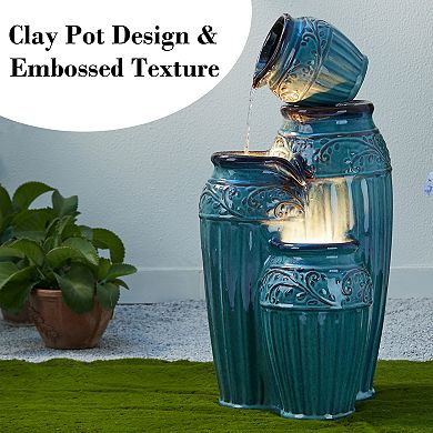 Glitzhome Outdoor 4-Tier Embossed Ceramic Pots Floor Fountain with LED Lights
