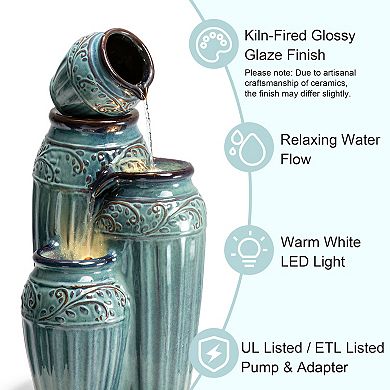 Glitzhome Outdoor 4-Tier Embossed Ceramic Pots Floor Fountain with LED Lights
