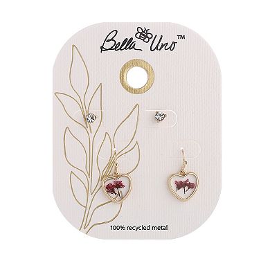 Bella Uno Worn Gold Cubic Zirconia Stud & Pink Pressed Flower Heart Dangle Earring 2-piece Set