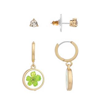 Bella Uno Worn Gold Cubic Zirconia Stud & Green Pressed Flower Charm Hoop Earring 2 pc Set