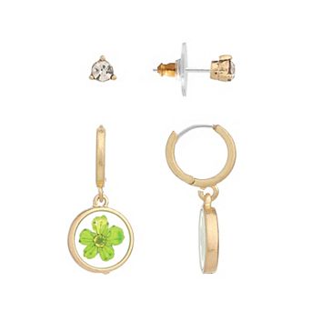 Bella Uno Worn Gold Cubic Zirconia Stud & Green Pressed Flower Charm Hoop Earring 2 pc Set