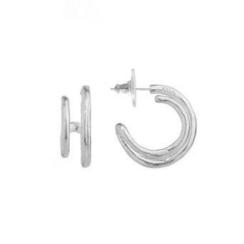 Bella Uno Worn Silver Faux Double Hoop Post Earrings