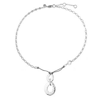 Bella Uno Worn Silver Organic Oval Lariat Corded Necklace