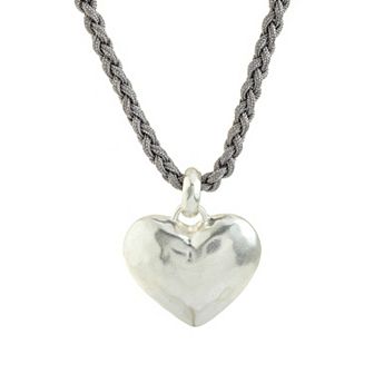Bella Uno Worn Silver Braided Cord Hammered Metal Heart Pendant Necklace
