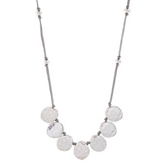 Bella Uno Worn Silver Metal Disc Corded Frontal Necklace