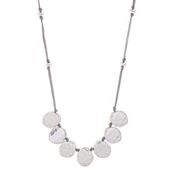 Bella Uno Worn Silver Metal Disc Corded Frontal Necklace