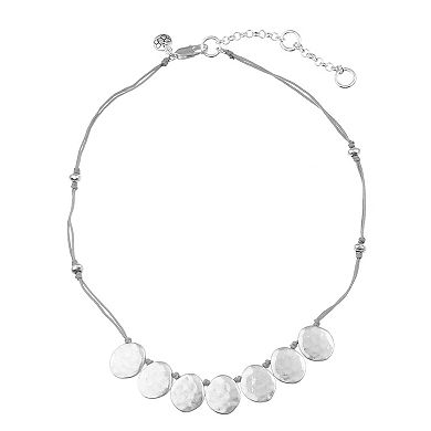 Bella Uno Worn Silver Metal Disc Corded Frontal Necklace
