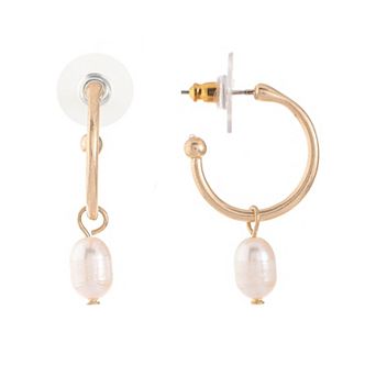 Bella Uno Worn Gold Freshwater Pearl Charm Hoop Earrings
