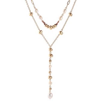 Bella Uno Worn Gold Multi-strand Bead & Freshwater Cultured Pearl Lariat Necklace