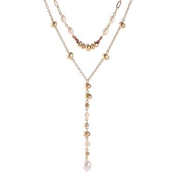 Bella Uno Worn Gold Multi-strand Bead & Freshwater Cultured Pearl Lariat Necklace