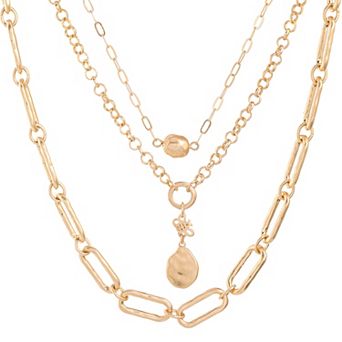 Bella Uno Worn Gold Multi-strand Ball, Lariat & Paperclip Necklace