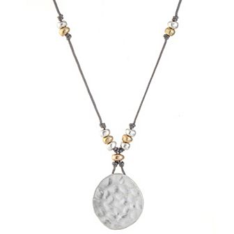Bella Uno Worn Two-Tone Beaded Cord & Disc Pendant Necklace