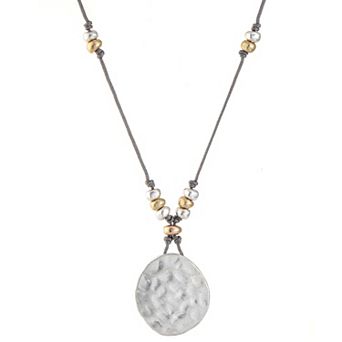 Bella Uno Worn Two-Tone Beaded Cord & Disc Pendant Necklace