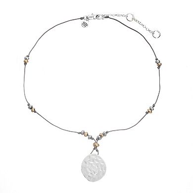 Bella Uno Worn Two-Tone Beaded Cord & Disc Pendant Necklace