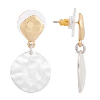 Bella Uno Worn Two-Tone Hammered Disc Post Drop Earrings