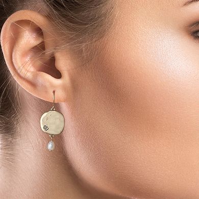 Bella Uno Worn Gold Disc & Freshwater Cultured Pearl Dangle Earrings
