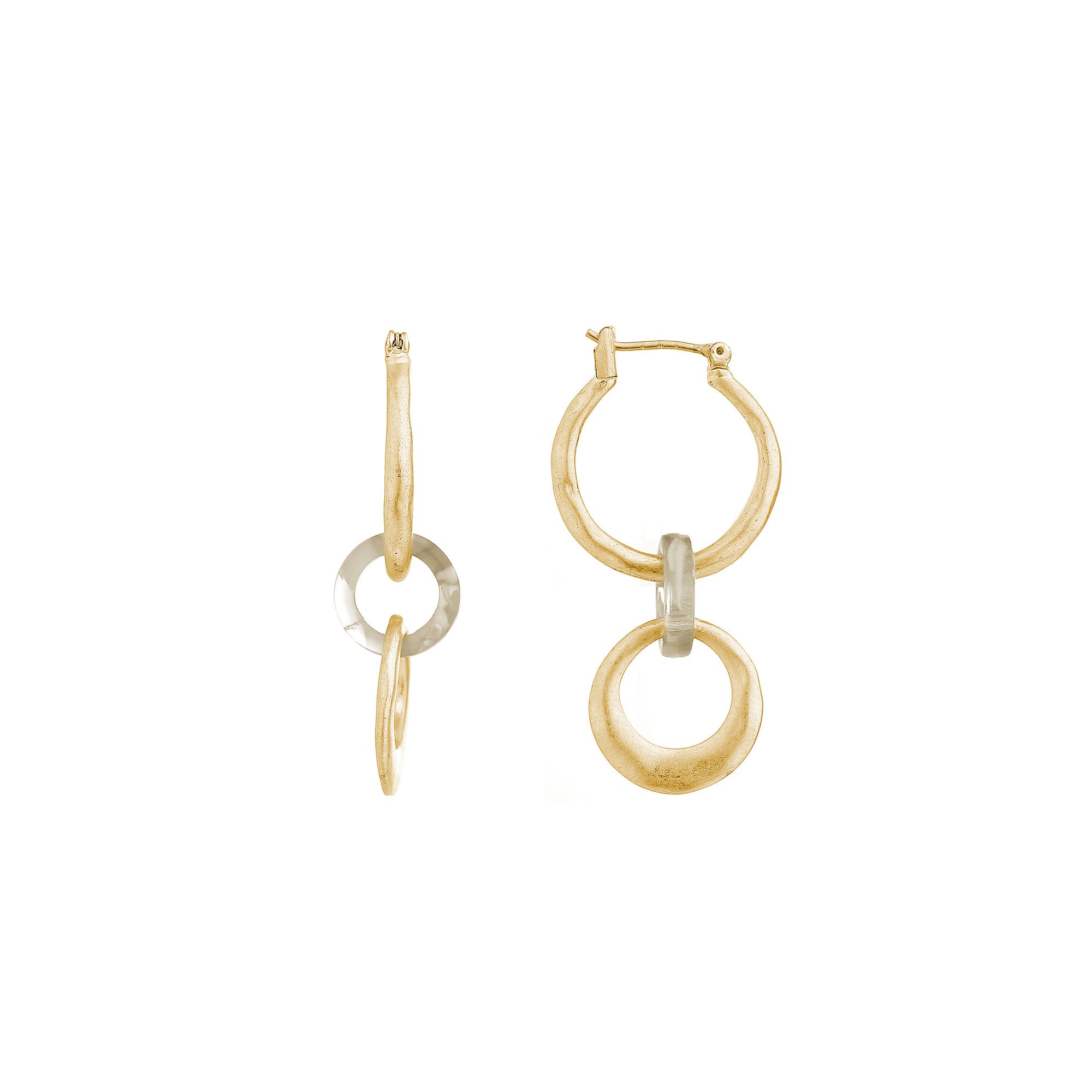 Bella Uno Worn Gold Triple Ring Click Top Hoop Dangle Earrings, Womens, Go