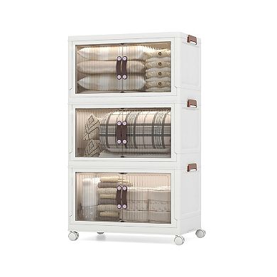 3-tier Stackable Storage Boxes Bins With Magnetic Doors And Lockable Casters