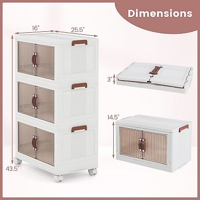3-tier Stackable Storage Boxes Bins With Magnetic Doors And Lockable Casters