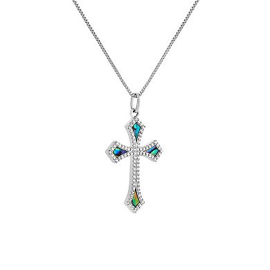 PRIMROSE Fine Silver Plated Abalone & Cubic Zirconia Cross Necklace