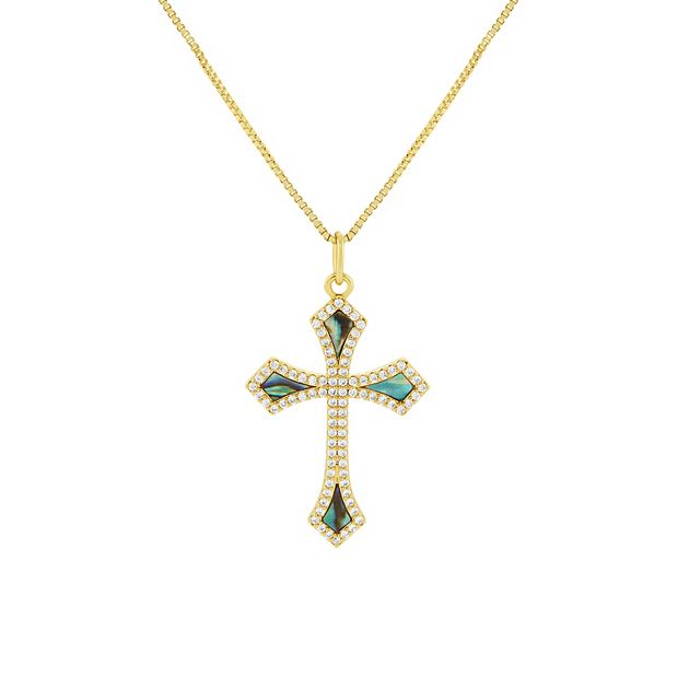 PRIMROSE Fine Silver Plated Abalone & Cubic Zirconia Cross