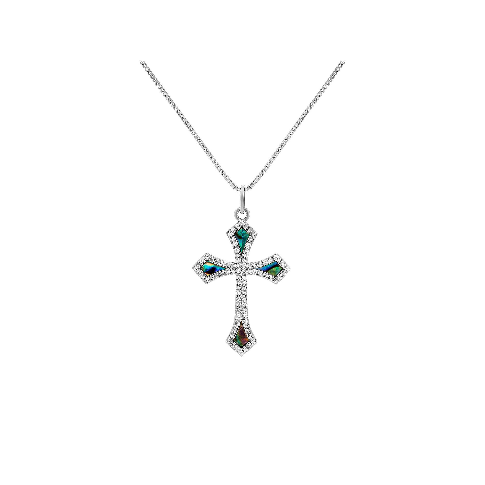 PRIMROSE Fine Silver Plated Abalone & Cubic Zirconia Cross Necklace, Women