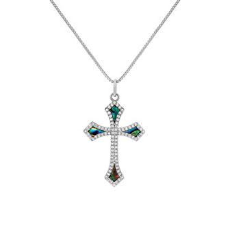PRIMROSE Fine Silver Plated Abalone & Cubic Zirconia Cross Necklace