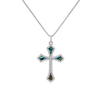 PRIMROSE Fine Silver Plated Abalone & Cubic Zirconia Cross Necklace