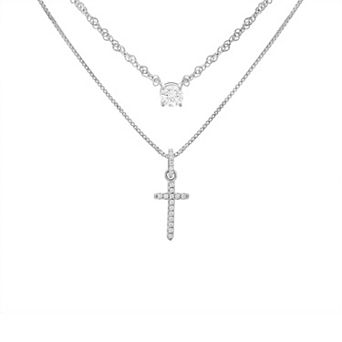 PRIMROSE Fine Silver Plated Round Cubic Zirconia Cross Double Layer Necklace