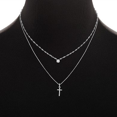 PRIMROSE Fine Silver Plated Round Cubic Zirconia Cross Double Layer Necklace