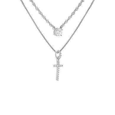 PRIMROSE Fine Silver Plated Round Cubic Zirconia Cross Double Layer Necklace