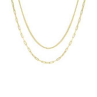 PRIMROSE 14k Gold Flash Plated Mini Curb Chain & Paperclip Chain Necklace Set