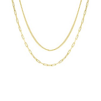 PRIMROSE 14k Gold Flash Plated Mini Curb Chain & Paperclip Chain Necklace Set