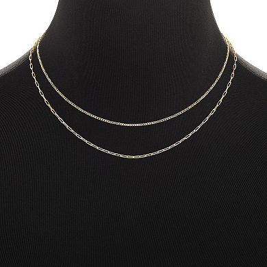 PRIMROSE 14k Gold Flash Plated Mini Curb Chain and Paperclip Chain Necklace Set