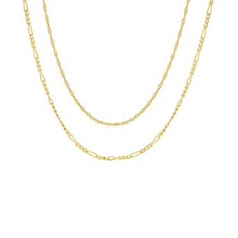 PRIMROSE 14k Gold Flash Plated Singapore Chain & Figaro Chain Necklace Set