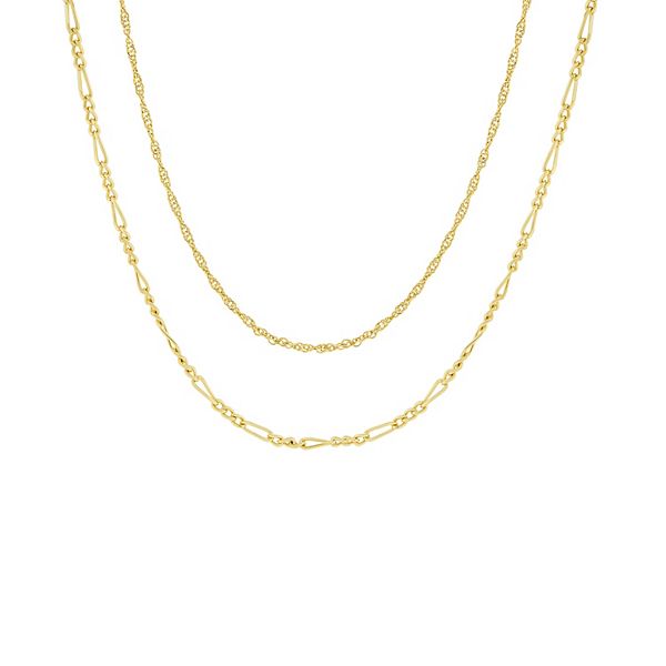PRIMROSE 14k Gold Flash Plated Singapore Chain & Figaro Chain Necklace Set - Gold Tone