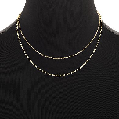 PRIMROSE 14k Gold Flash Plated Singapore Chain and Figaro Chain Necklace Set