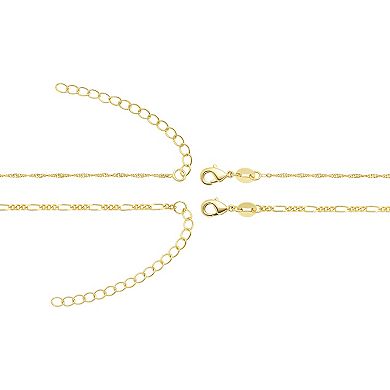 PRIMROSE 14k Gold Flash Plated Singapore Chain and Figaro Chain Necklace Set