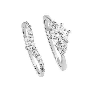 PRIMROSE Fine Silver Plated Round Cubic Zirconia Cluster Ring Duo Set