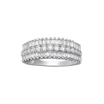 PRIMROSE Fine Silver Plated Triple Row Baguette & Round Cubic Zirconia Polished Band Ring