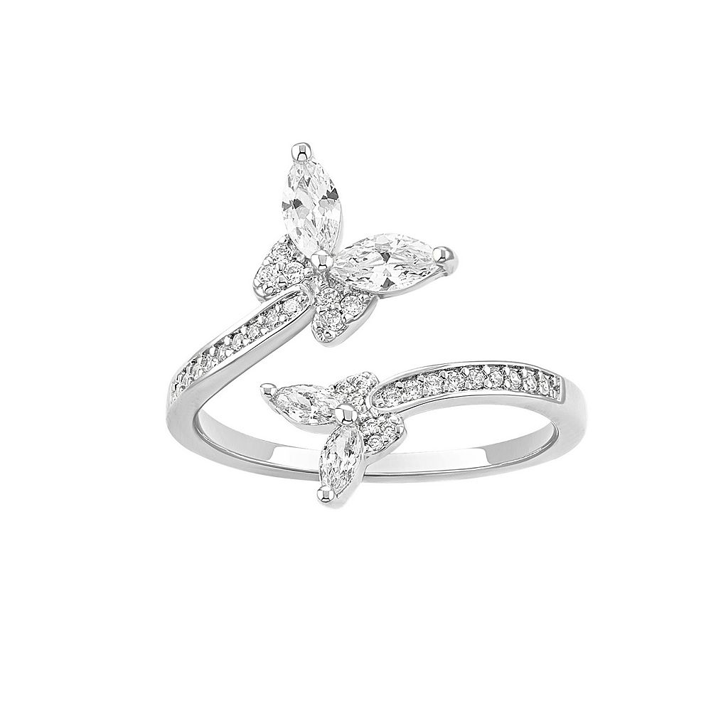 PRIMROSE Fine Silver Plated Cubic Zirconia Double Butterfly Bypass Ring