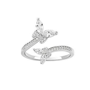 PRIMROSE Fine Silver Plated Cubic Zirconia Double Butterfly Bypass Ring