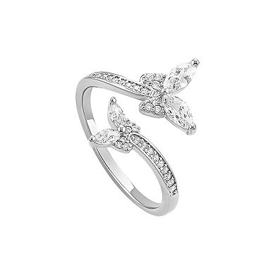 PRIMROSE Fine Silver Plated Cubic Zirconia Double Butterfly Bypass Ring