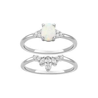 PRIMROSE Fine Silver Plated White Opal & Graduated Marquise Cubic Zirconia Ring Duo Set