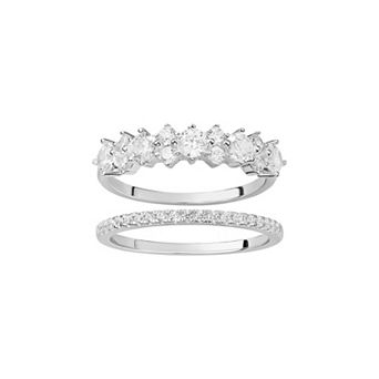 PRIMROSE Fine Silver Plated Cubic Zirconia Graduated Cluster Band Ring Duo Set